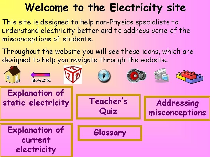 Welcome to the Electricity site This site is designed to help non-Physics specialists to