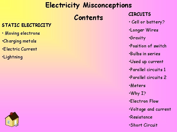 Electricity Misconceptions Contents STATIC ELECTRICITY • Moving electrons • Charging metals • Electric Current
