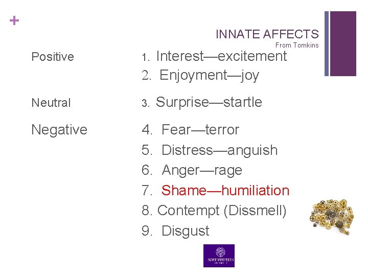 + INNATE AFFECTS From Tomkins Positive 1. Interest—excitement 2. Enjoyment—joy Neutral 3. Surprise—startle Negative + INNATE AFFECTS From Tomkins Positive 1. Interest—excitement 2. Enjoyment—joy Neutral 3. Surprise—startle Negative