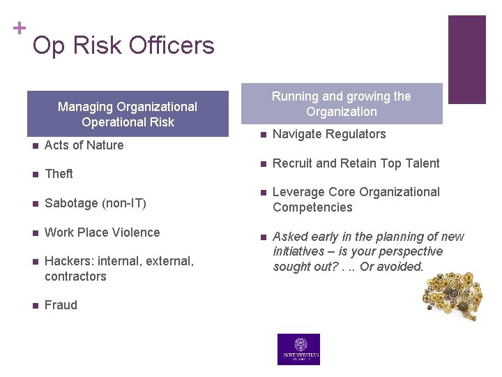 + Op Risk Officers Running and growing the Organization Managing Organizational Operational Risk n + Op Risk Officers Running and growing the Organization Managing Organizational Operational Risk n