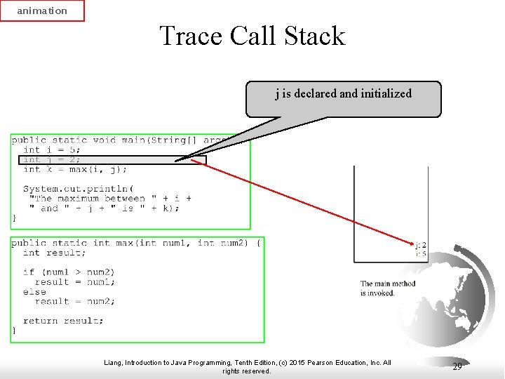 animation Trace Call Stack j is declared and initialized Liang, Introduction to Java Programming,
