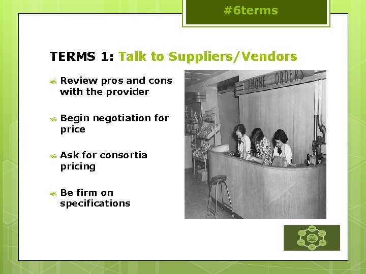TERMS 1: Talk to Suppliers/Vendors Review pros and cons with the provider Begin negotiation