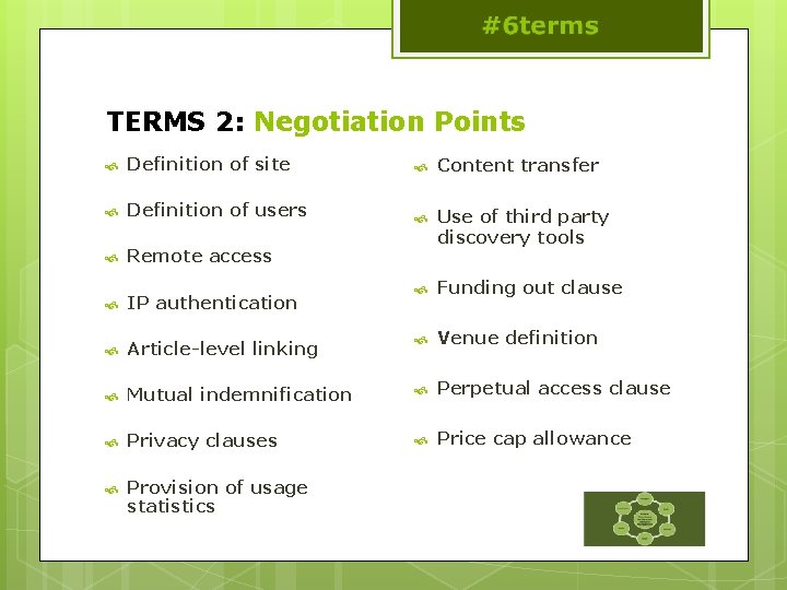 TERMS 2: Negotiation Points Definition of site Content transfer Definition of users Remote access