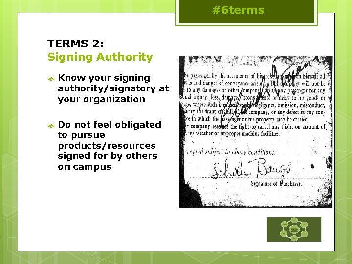 TERMS 2: Signing Authority Know your signing authority/signatory at your organization Do not feel