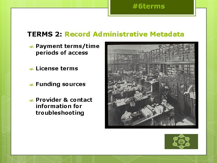 TERMS 2: Record Administrative Metadata Payment terms/time periods of access License terms Funding sources