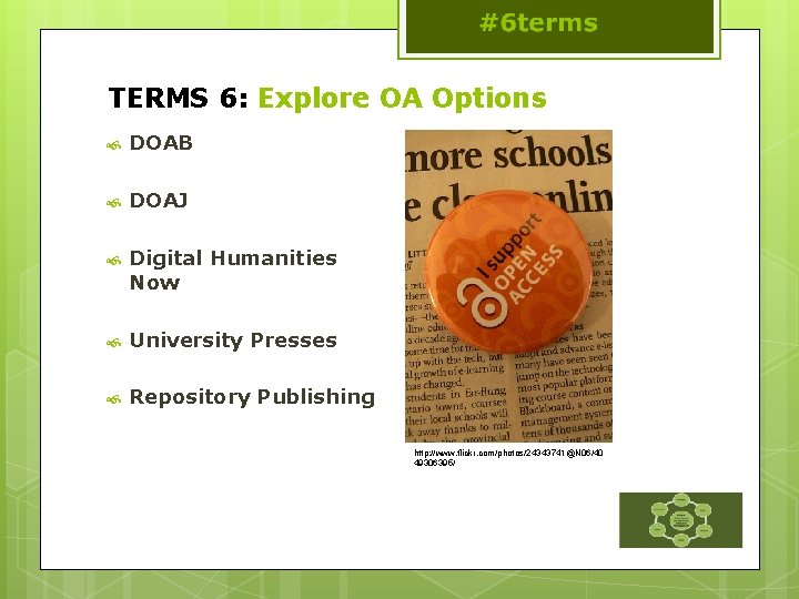 TERMS 6: Explore OA Options DOAB DOAJ Digital Humanities Now University Presses Repository Publishing