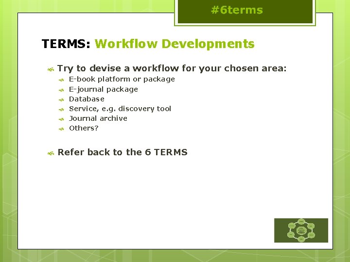 TERMS: Workflow Developments Try to devise a workflow for your chosen area: E-book platform