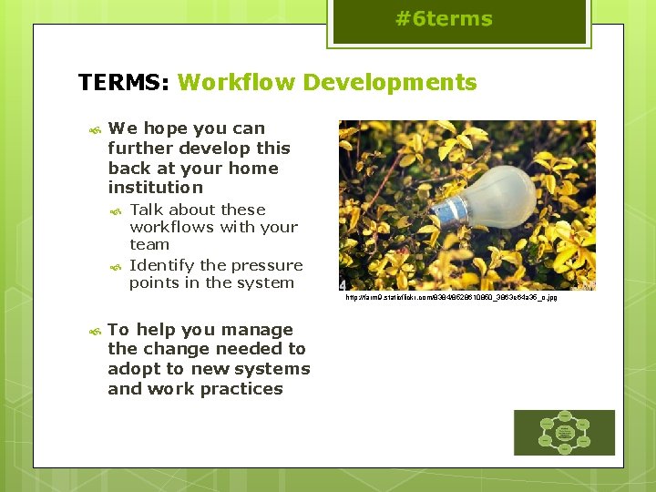 TERMS: Workflow Developments We hope you can further develop this back at your home