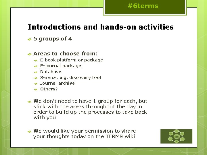 Introductions and hands-on activities 5 groups of 4 Areas to choose from: E-book platform