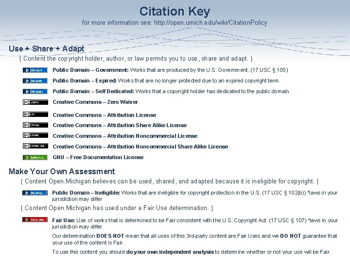 Citation Key for more information see: http: //open. umich. edu/wiki/Citation. Policy Use + Share