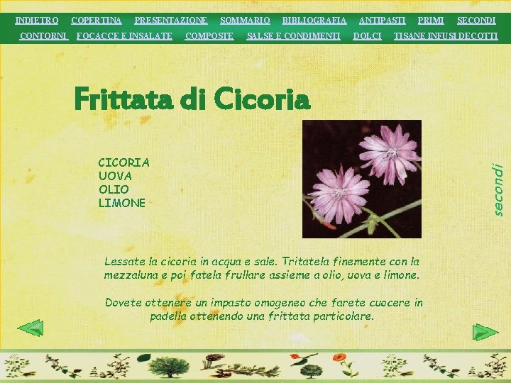 CONTORNI COPERTINA PRESENTAZIONE FOCACCE E INSALATE SOMMARIO COMPOSTE BIBLIOGRAFIA SALSE E CONDIMENTI ANTIPASTI DOLCI