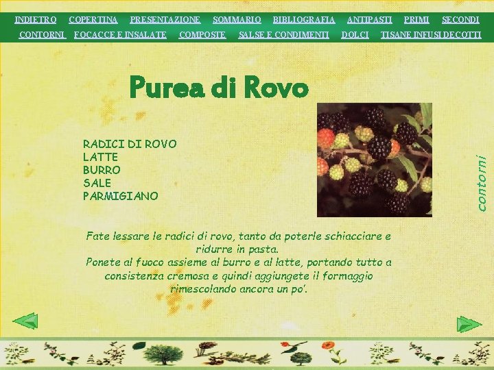 CONTORNI COPERTINA PRESENTAZIONE FOCACCE E INSALATE SOMMARIO COMPOSTE BIBLIOGRAFIA SALSE E CONDIMENTI ANTIPASTI DOLCI