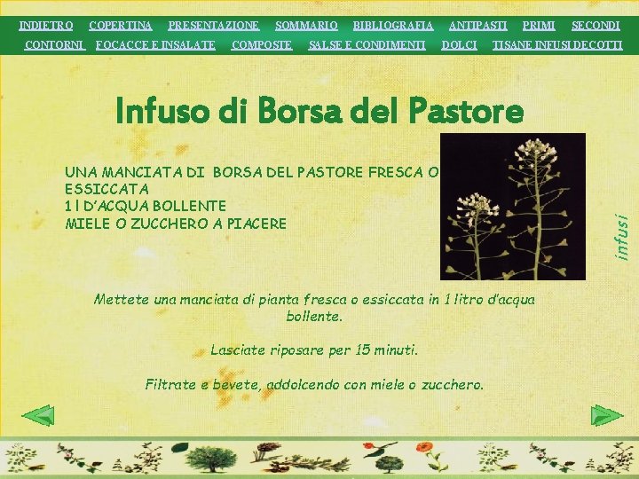 INDIETRO CONTORNI COPERTINA PRESENTAZIONE FOCACCE E INSALATE SOMMARIO COMPOSTE BIBLIOGRAFIA SALSE E CONDIMENTI ANTIPASTI