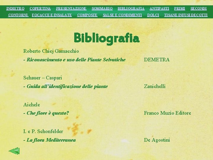 INDIETRO CONTORNI COPERTINA PRESENTAZIONE FOCACCE E INSALATE SOMMARIO COMPOSTE BIBLIOGRAFIA SALSE E CONDIMENTI ANTIPASTI