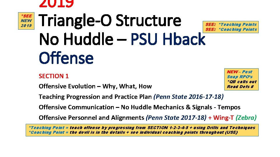 *SEE NEW 2019 Triangle-O Structure No Huddle – PSU Hback Offense SEE: *Teaching Points