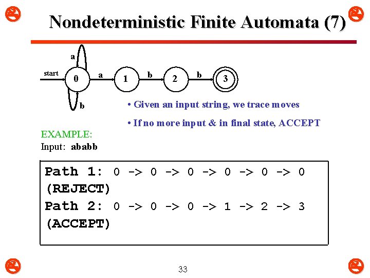  Nondeterministic Finite Automata (7) a start a 0 b EXAMPLE: Input: ababb 1