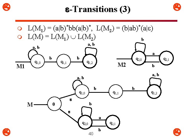  -Transitions (3) m m L(M 1) = (a|b)*bb(a|b)*, L(M 2) = (b|ab)*(a| )