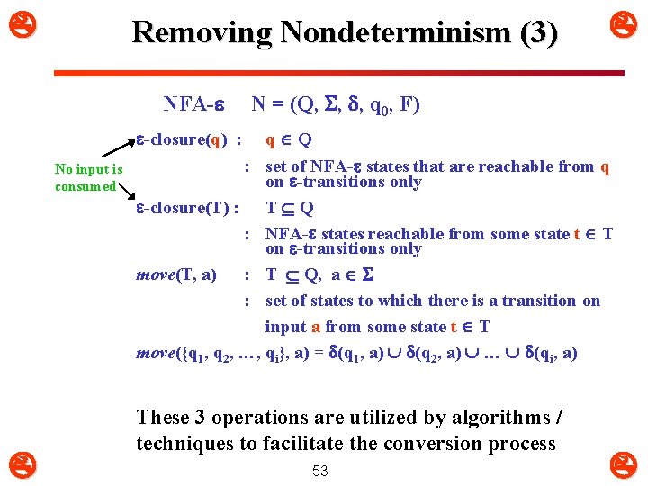  Removing Nondeterminism (3) NFA- -closure(q) : No input is consumed N = (Q,