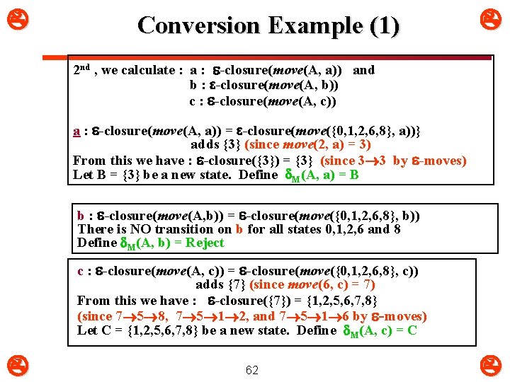  Conversion Example (1) 2 nd , we calculate : a : -closure(move(A, a))