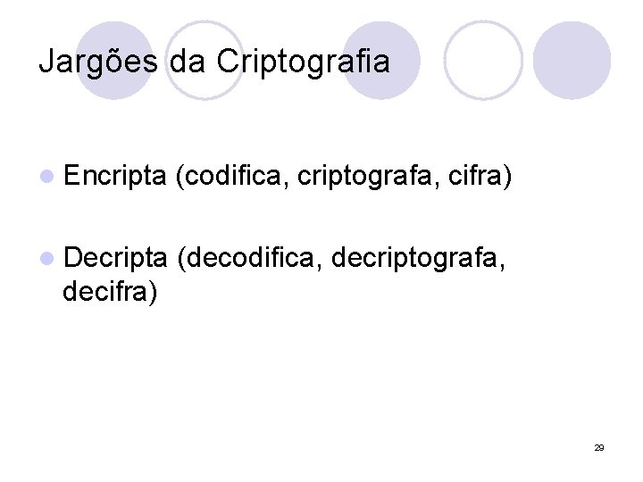 Jargões da Criptografia l Encripta (codifica, criptografa, cifra) l Decripta (decodifica, decriptografa, decifra) 29