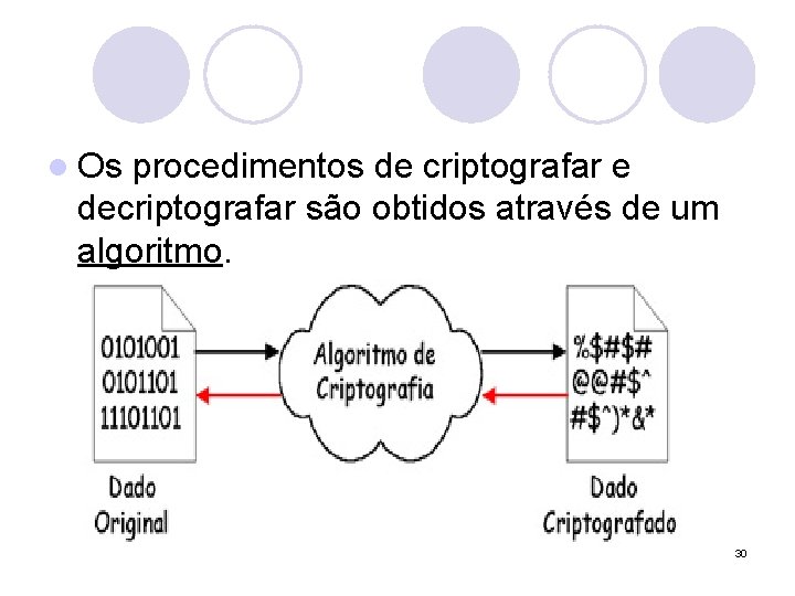 l Os procedimentos de criptografar e decriptografar são obtidos através de um algoritmo. 30