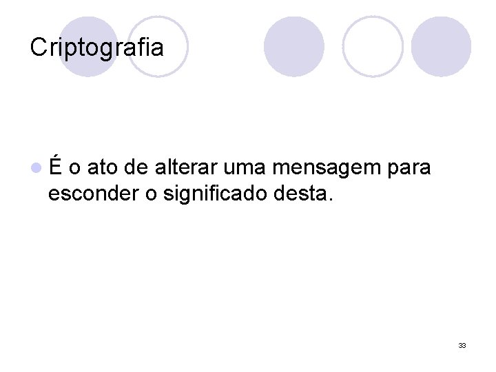 Criptografia lÉ o ato de alterar uma mensagem para esconder o significado desta. 33