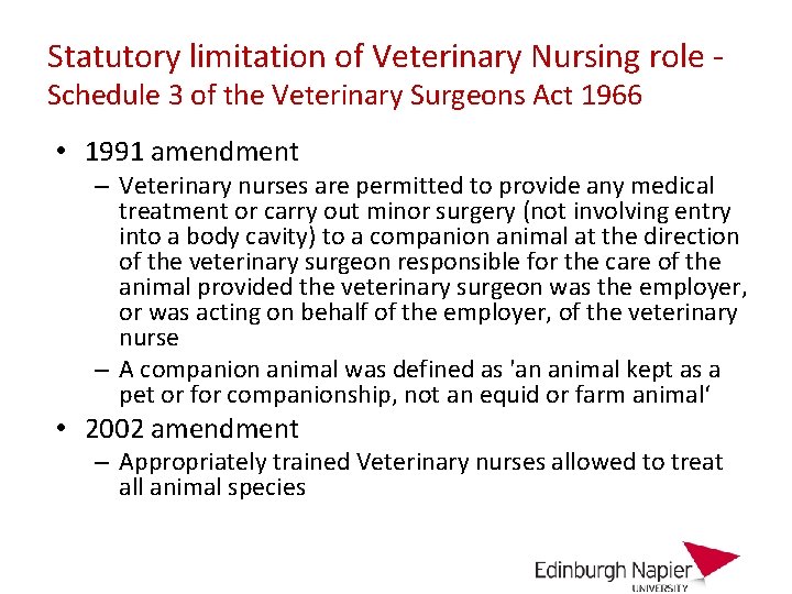 Statutory limitation of Veterinary Nursing role Schedule 3 of the Veterinary Surgeons Act 1966