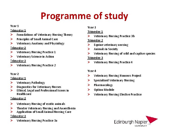Programme of study Year 1 Trimester 1 Ø Foundations of Veterinary Nursing Theory Ø