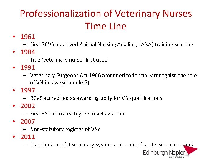Professionalization of Veterinary Nurses Time Line • 1961 – First RCVS approved Animal Nursing