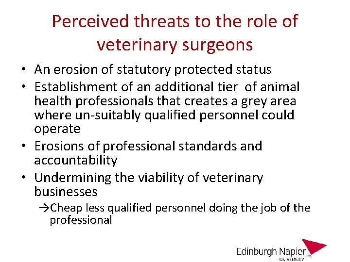 Perceived threats to the role of veterinary surgeons • An erosion of statutory protected