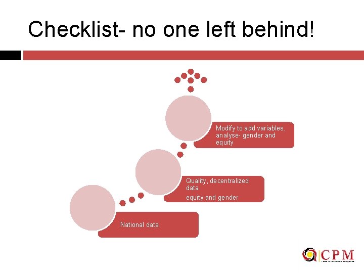 Checklist- no one left behind! Modify to add variables, analyse- gender and equity Quality,