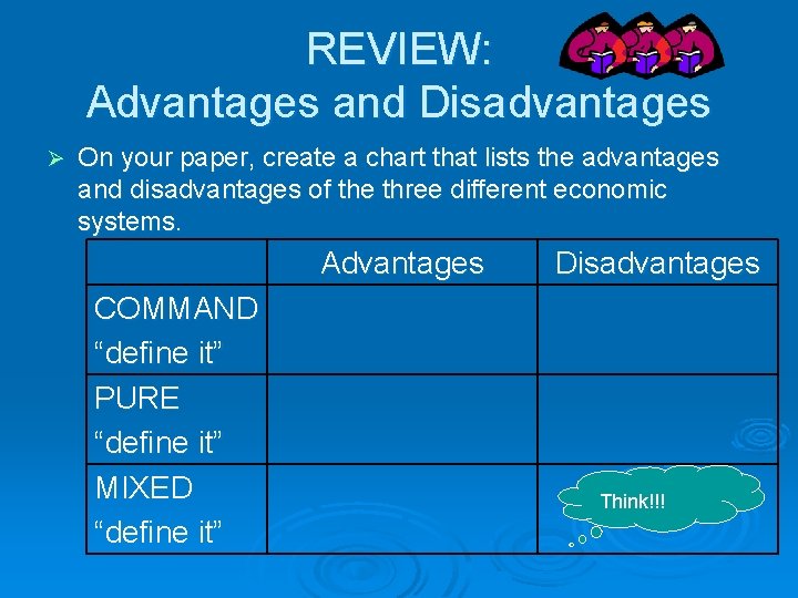REVIEW: Advantages and Disadvantages Ø On your paper, create a chart that lists the