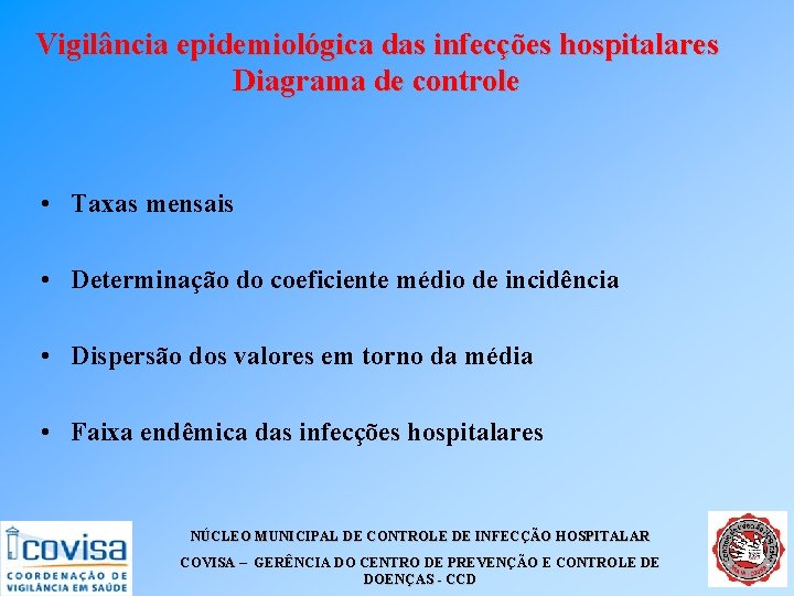 Vigilância epidemiológica das infecções hospitalares Diagrama de controle • Taxas mensais • Determinação do