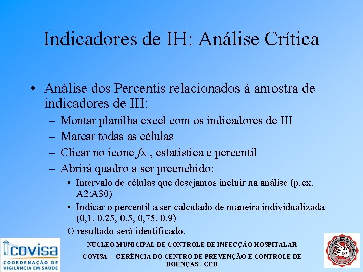 Indicadores de IH: Análise Crítica • Análise dos Percentis relacionados à amostra de indicadores Indicadores de IH: Análise Crítica • Análise dos Percentis relacionados à amostra de indicadores