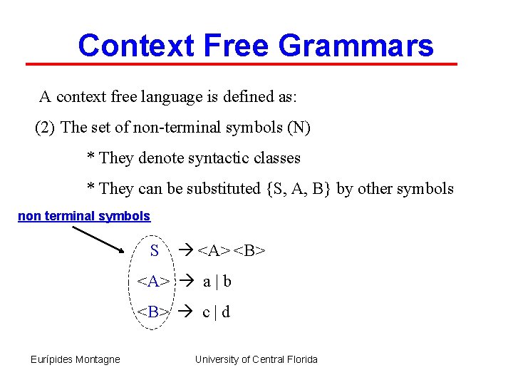Context Free Grammars A context free language is defined as: (2) The set of