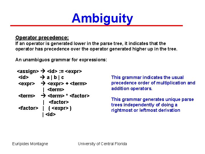 Ambiguity Operator precedence: If an operator is generated lower in the parse tree, it