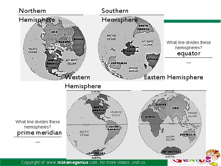 Northern Hemisphere Southern Hemisphere What line divides these hemispheres? equator __________ __ Western Hemisphere Northern Hemisphere Southern Hemisphere What line divides these hemispheres? equator __________ __ Western Hemisphere