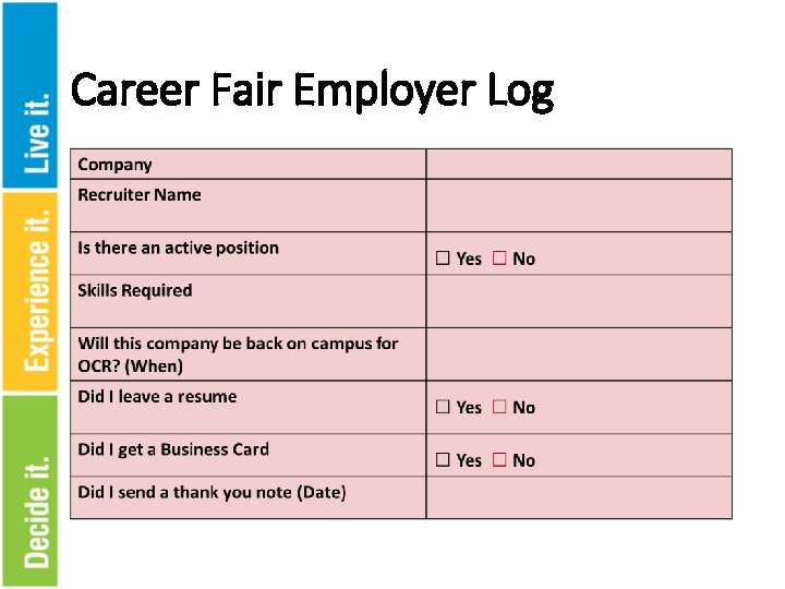 Career Fair Employer Log 