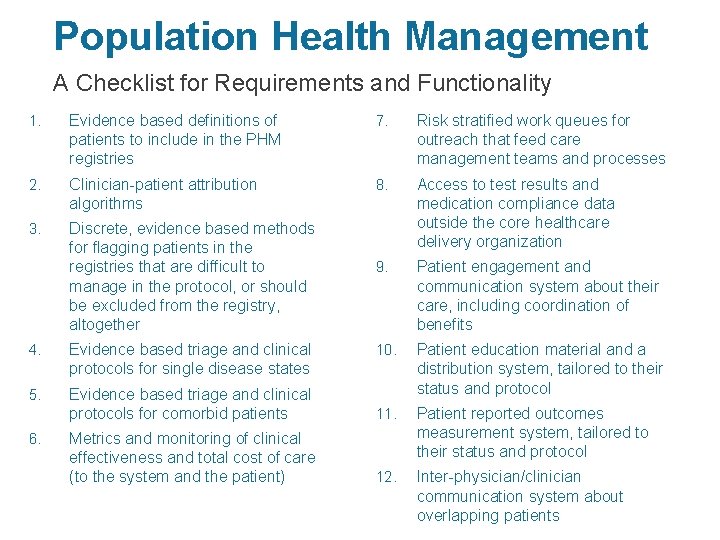 Population Health Management A Checklist for Requirements and Functionality 1. Evidence based definitions of