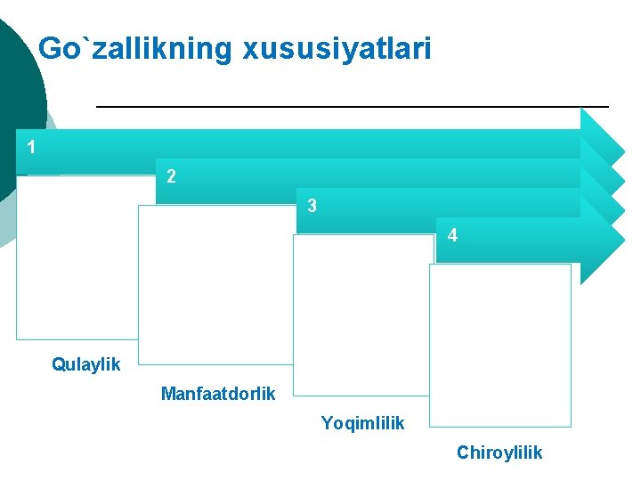 Go`zallikning xususiyatlari 1 2 3 4 Qulaylik Мanfaatdorlik Yoqimlilik Chiroylilik 