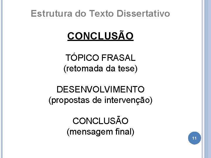 Estrutura do Texto Dissertativo CONCLUSÃO TÓPICO FRASAL (retomada da tese) DESENVOLVIMENTO (propostas de intervenção)