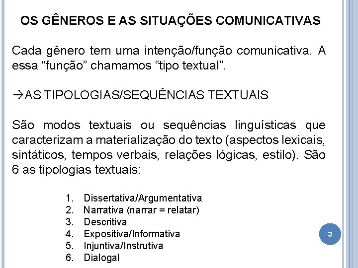 OS GÊNEROS E AS SITUAÇÕES COMUNICATIVAS Cada gênero tem uma intenção/função comunicativa. A essa