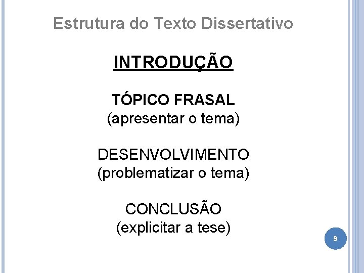 Estrutura do Texto Dissertativo INTRODUÇÃO TÓPICO FRASAL (apresentar o tema) DESENVOLVIMENTO (problematizar o tema)