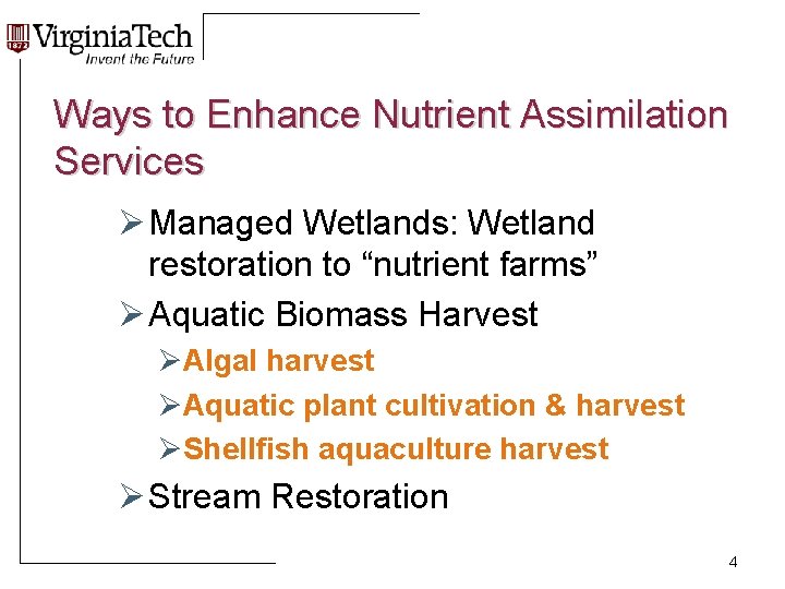 Ways to Enhance Nutrient Assimilation Services Ø Managed Wetlands: Wetland restoration to “nutrient farms”