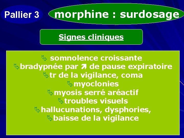 Pallier 3 morphine : surdosage Signes cliniques Ä somnolence croissante Äbradypnée par de pause