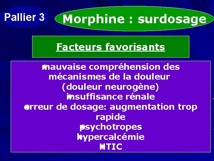 Pallier 3 Morphine : surdosage Facteurs favorisants auvaise compréhension des m mécanismes de la