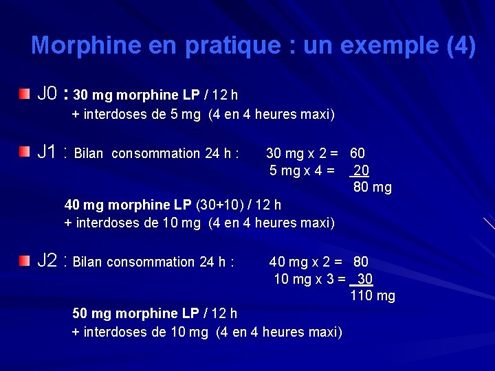 Morphine en pratique : un exemple (4) J 0 : 30 mg morphine LP