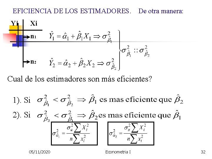 EFICIENCIA DE LOS ESTIMADORES. Yi De otra manera: Xi n 1 n 2 Cual