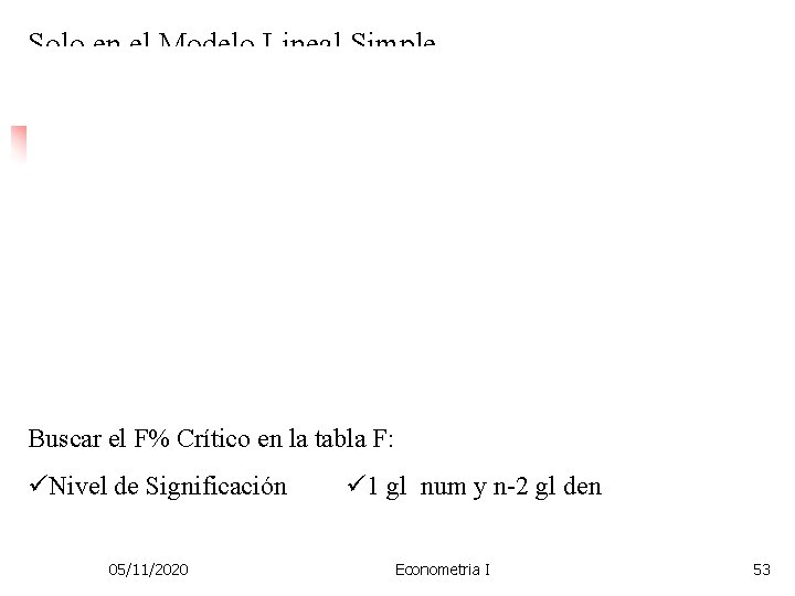 Solo en el Modelo Lineal Simple Buscar el F% Crítico en la tabla F: