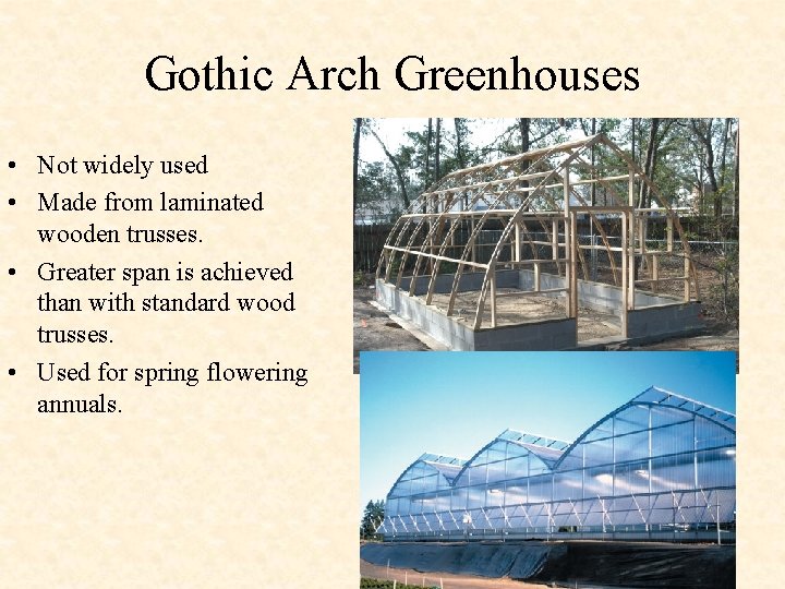 Gothic Arch Greenhouses • Not widely used • Made from laminated wooden trusses. •